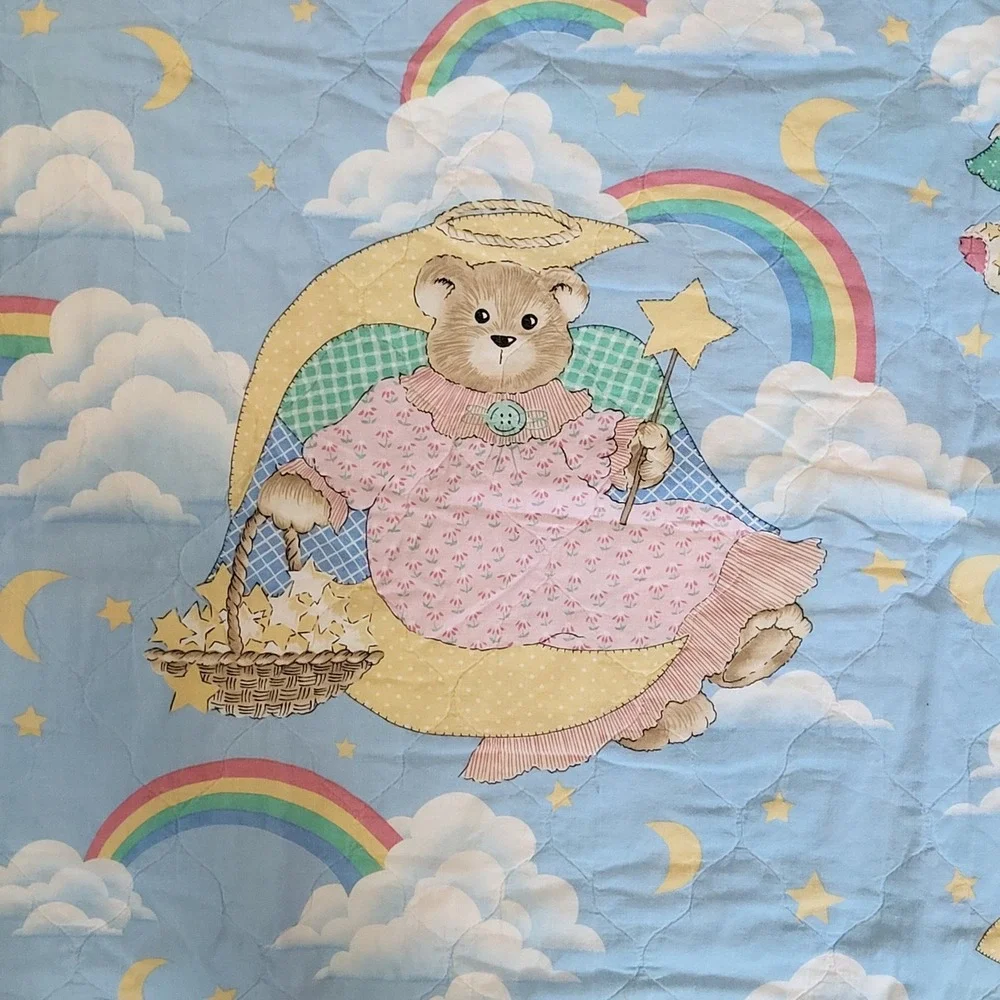 Vintage Guardian Angel Bear‎ Reversible Baby Quilt Pastel Rainbow Eyelet Ruffle